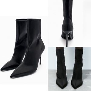 Zara NWT black stretch fabric ankle stiletto heeled pointy toe boots